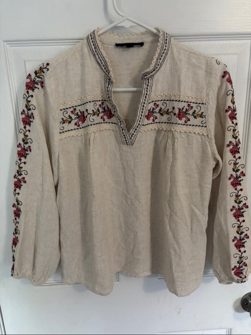 Solitaire Cream Embroidered Peasant Blouse with pink/gold/green Floral Accents